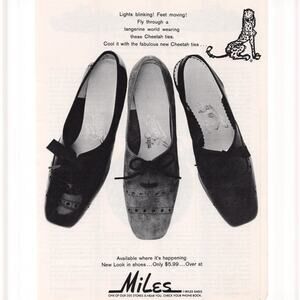 Miles Shoes Magazine Advertisement 1960s Vintage Women Fashion Cheetah Hippie